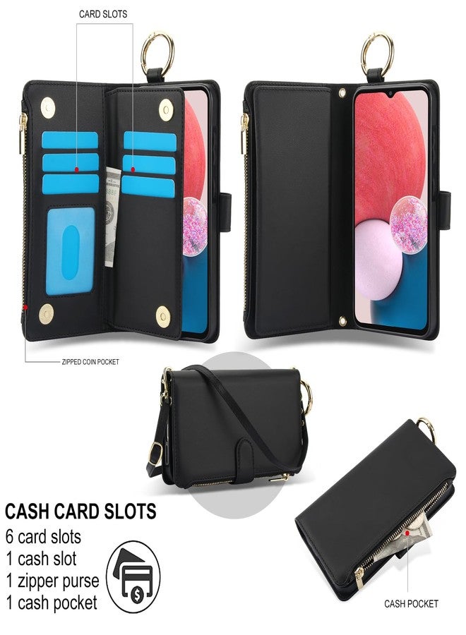 Asuwish Phone Case for Samsung Galaxy A13 5G Zipper Wallet with Tempered Glass Screen Protector Crossbody Strap Card Holder Cell Cover A04S M13 G5 A 13 2022 13A A135G SM A136U Women Girls Black - Image 3