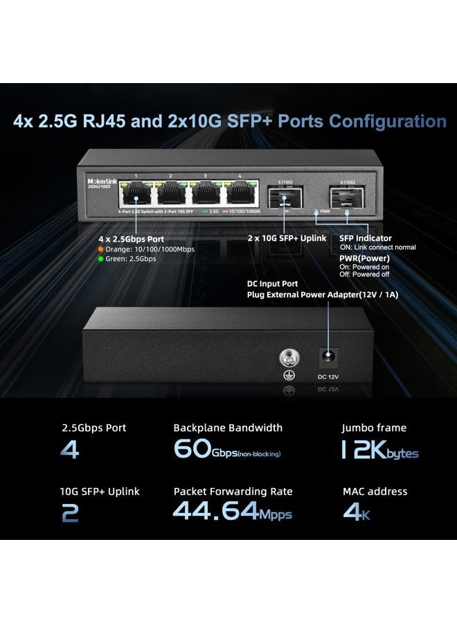mokerlink Ethernet Switch 4 Ports 2.5G with 2x10G SFP, 4 Ports 2.5G Base-T Compatible with 10/100/1000Mbps, Unmanaged Metal Fanless Network Switch - Image 4