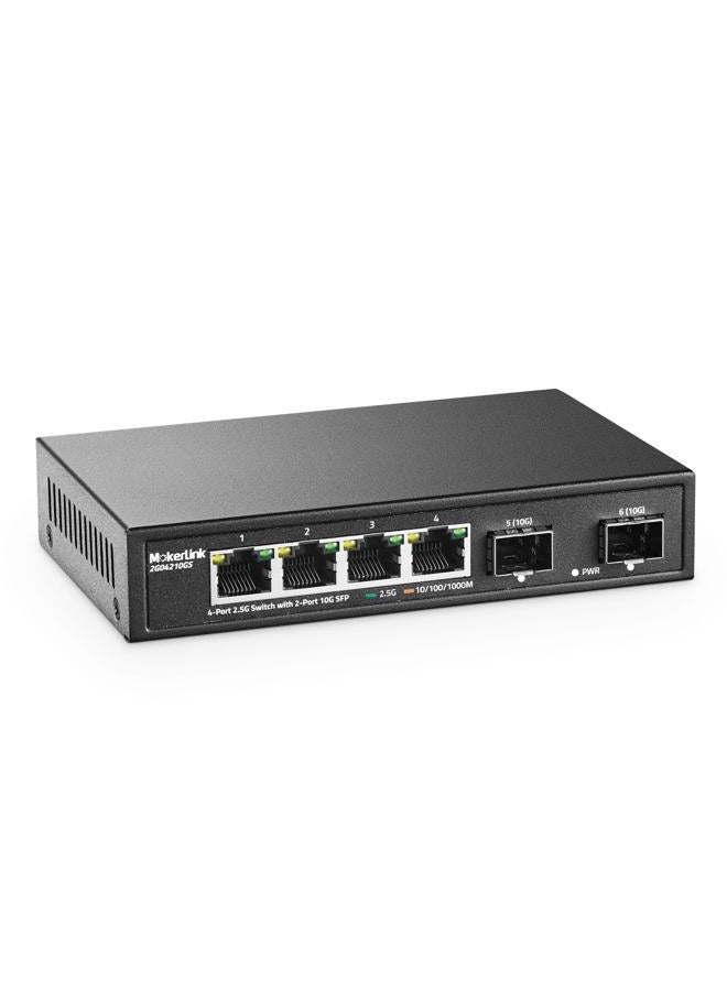 mokerlink Ethernet Switch 4 Ports 2.5G with 2x10G SFP, 4 Ports 2.5G Base-T Compatible with 10/100/1000Mbps, Unmanaged Metal Fanless Network Switch - Image 1