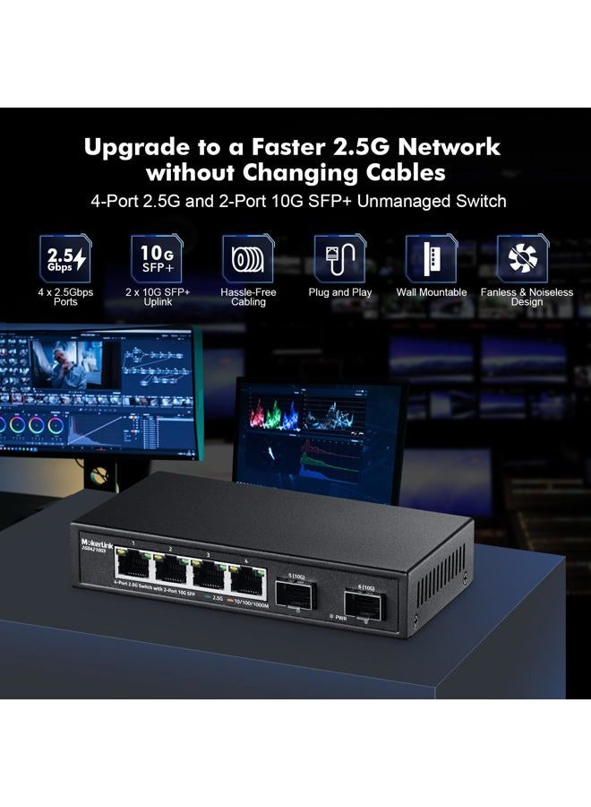 mokerlink Ethernet Switch 4 Ports 2.5G with 2x10G SFP, 4 Ports 2.5G Base-T Compatible with 10/100/1000Mbps, Unmanaged Metal Fanless Network Switch - Image 2