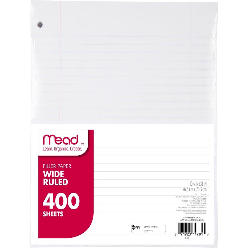 Mead Loose Leaf Paper Wide Ruled Filler Notebook Paper 8 x 1012 400 Sheets Fits 3Ring Binder 150036ECM