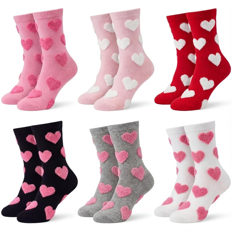 Breathffy 6 Pairs Easter Pink Fuzzy Socks for Women, Fun Cute Furry Pattern Crew Cotton Socks Gift for Her Animal Lover(Love Heart) - Image 1