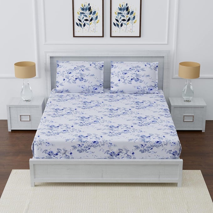 180 TC FITTED 100 COTTON PREMIUM PRINTED SMALL QUEEN SIZE BEDSHEET 60X72 INCHES WITH 2 PILLOW COVERS BLUE GREY
