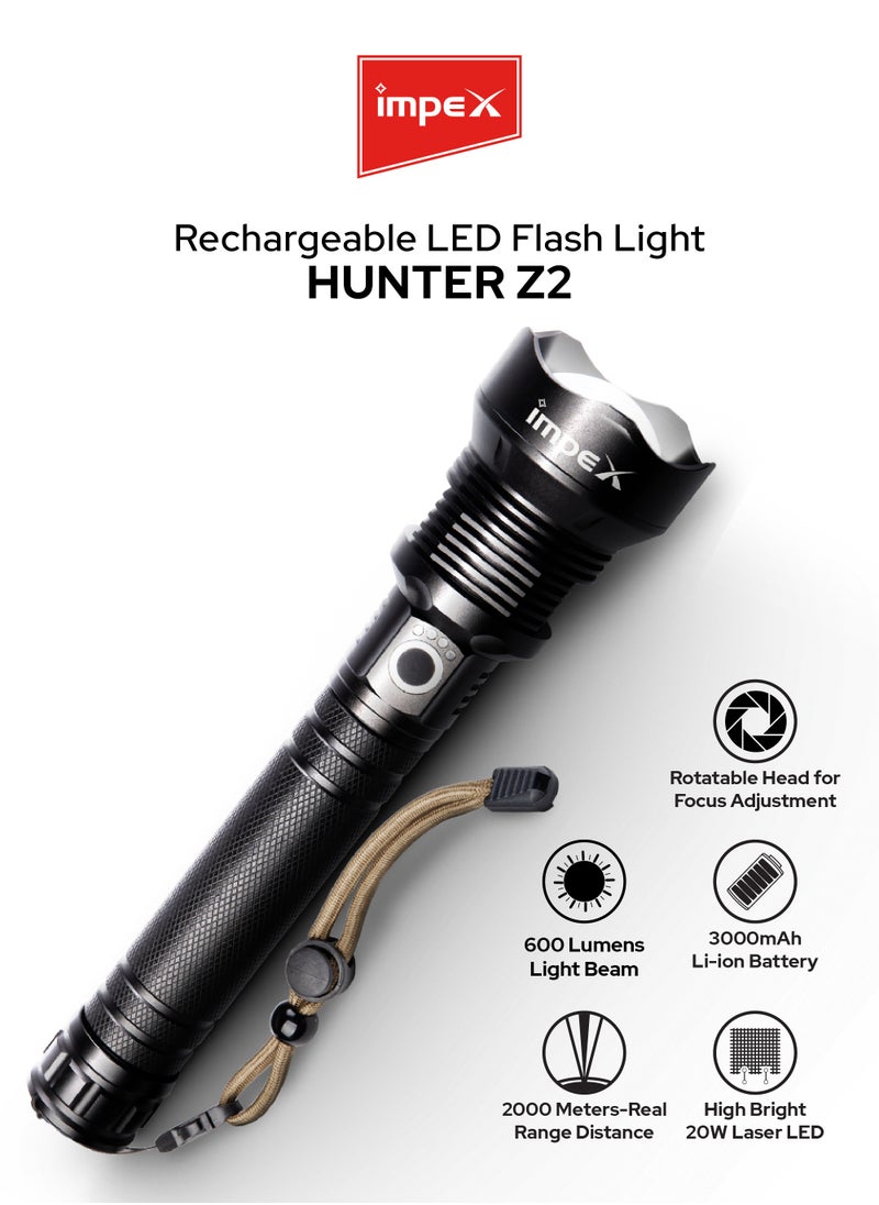 Impex Rechargeable Zoomable Flashlight, 20W Laser LED Torch, 600 Lumens, Aircraft Non-Corrosive Aluminum Body, Focus adjustable Head , 3000mAh Battery, Type-C Charging Port, 2 Years Warranty-Hunter Z2  - Image 1