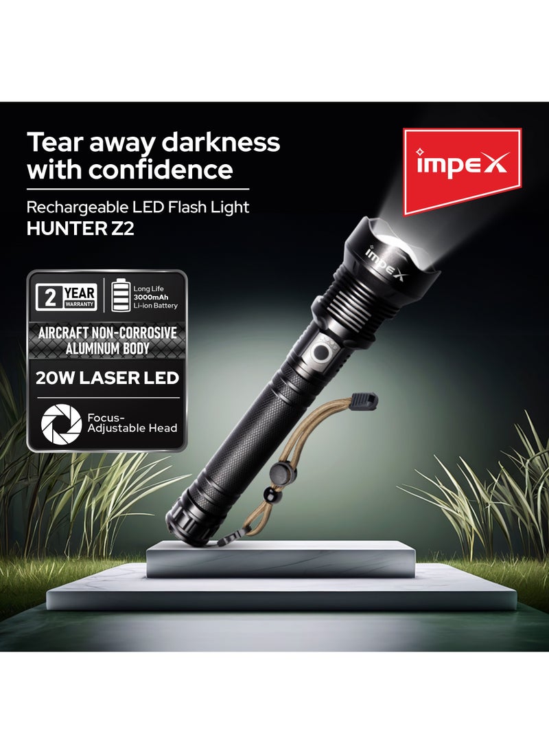 Impex Rechargeable Flashlight,20W Laser LED Torch 600 Lumens, Aircraft Non-Corrosive Aluminum Body, Adjustable Focus,3000mAh Battery, Type-C Charging Port,2 Years Warranty-Hunter Z2  - Image 2