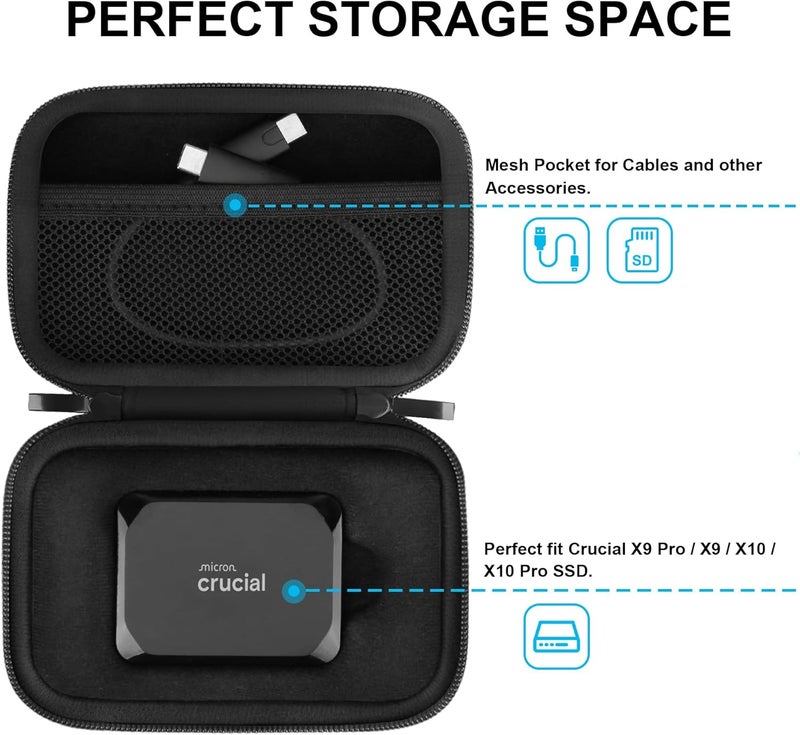 Lacdo Hard Drive Carrying Case for Crucial X9 Pro / X10 / X10 Pro / X9 SSD 1TB 2TB 4TB 6TB 8TB Portable External Solid State Drive Shockproof Water Repellent Crucial SSD Case Storage Travel Bag, Black - Image 3