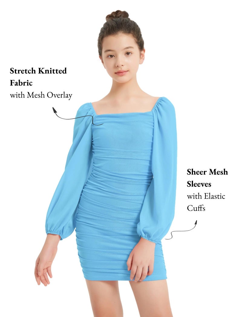 EXARUS Girls Long Sleeve Teen Dress Formal Party Tight Homecoming Bodycon Ruched Mesh Lantern Sleeve Short Pencil Dresses Sky Blue 12 Years - Image 4