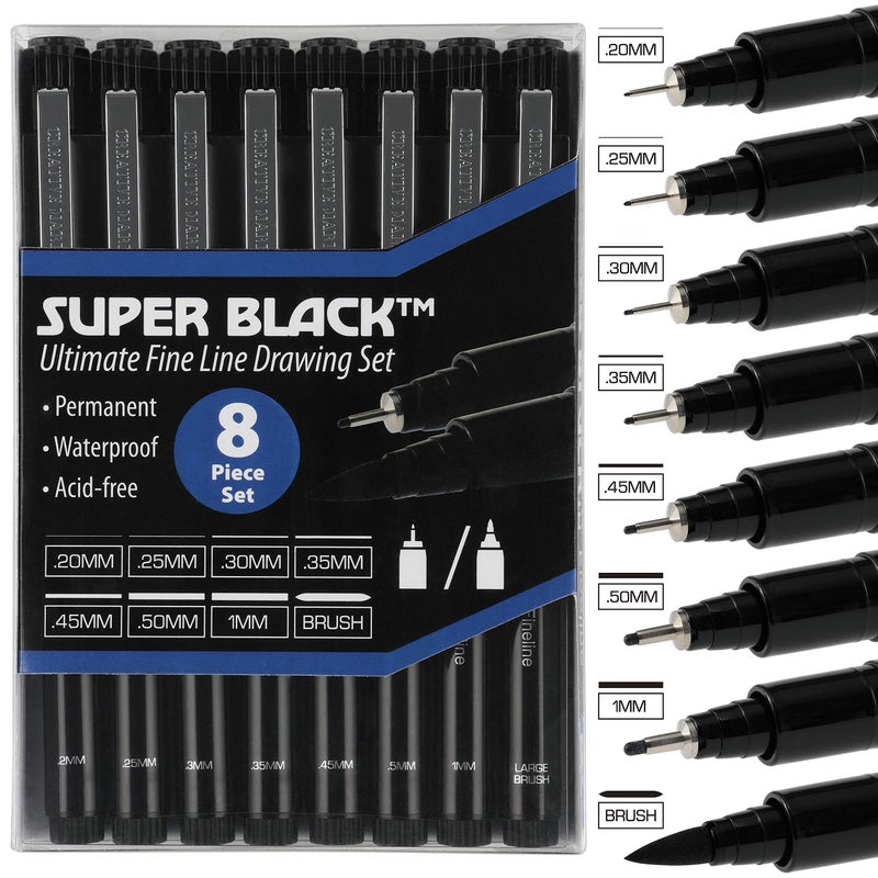 Creative Mark Ultimate Fine Line Drawing Pens Super Black, Permanent, Waterproof, & Acid-Free Assorted Tips and Large Brush Pen - [Fineliners and Sketch Set of 8] - Image 2
