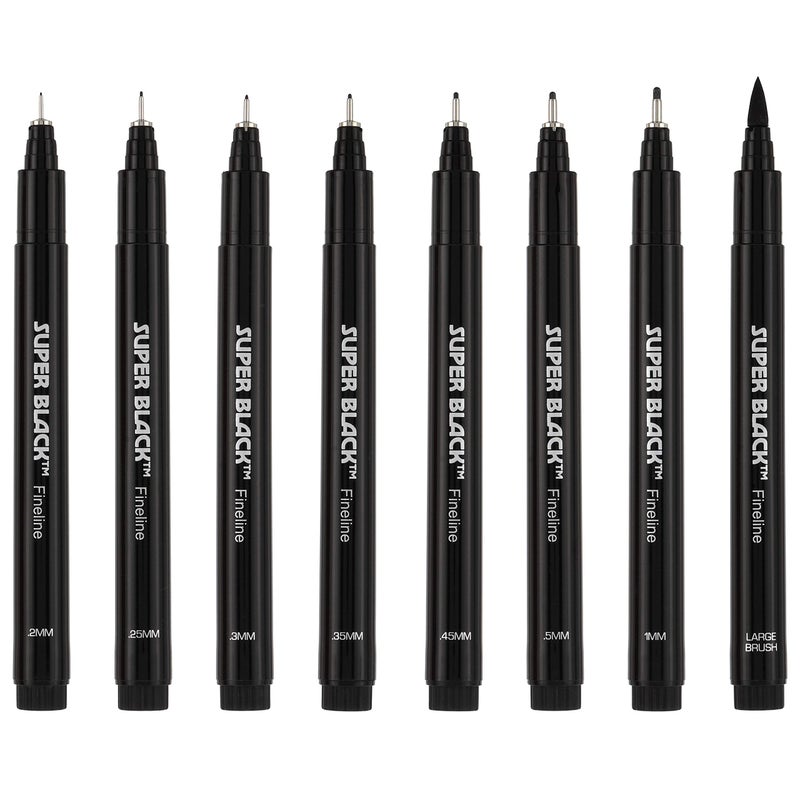 Creative Mark Ultimate Fine Line Drawing Pens Super Black, Permanent, Waterproof, & Acid-Free Assorted Tips and Large Brush Pen - [Fineliners and Sketch Set of 8] - Image 1