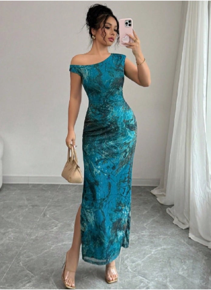 Shein Elentza Women's Summer Vacation Dress, Asymmetric Neck Bodycon Stretch Dress  - Image 1