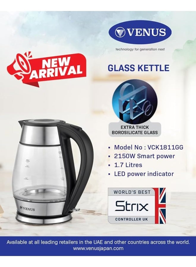 Venus Premium Glass Cordless Electric Kettle, 2150W, 1.7L, LED Indicator VCK1811GG - Image 3
