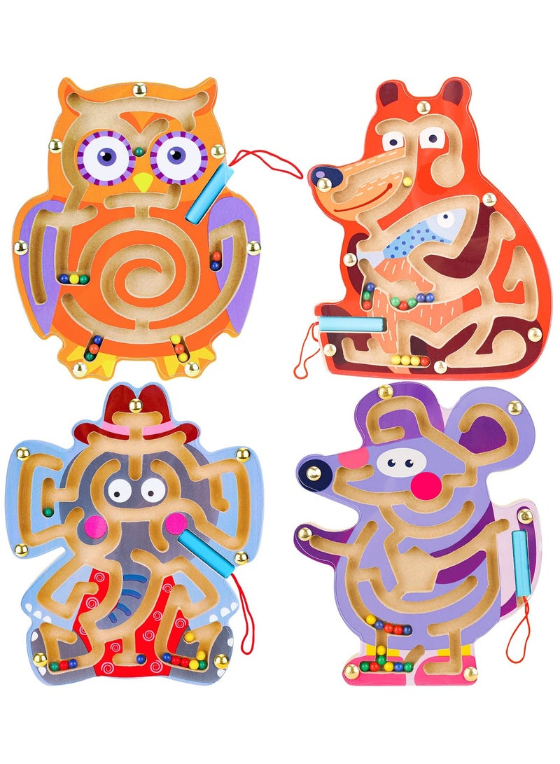 Excefore 4PCS Animal Magnetic Maze Toys for Kids, Interactive Puzzle Game Board, Montessori Labyrinth, STEM Activity for Child Fine Motor Skill Development, Preschool Birthday Gift, Wooden, 7x8in - Image 1