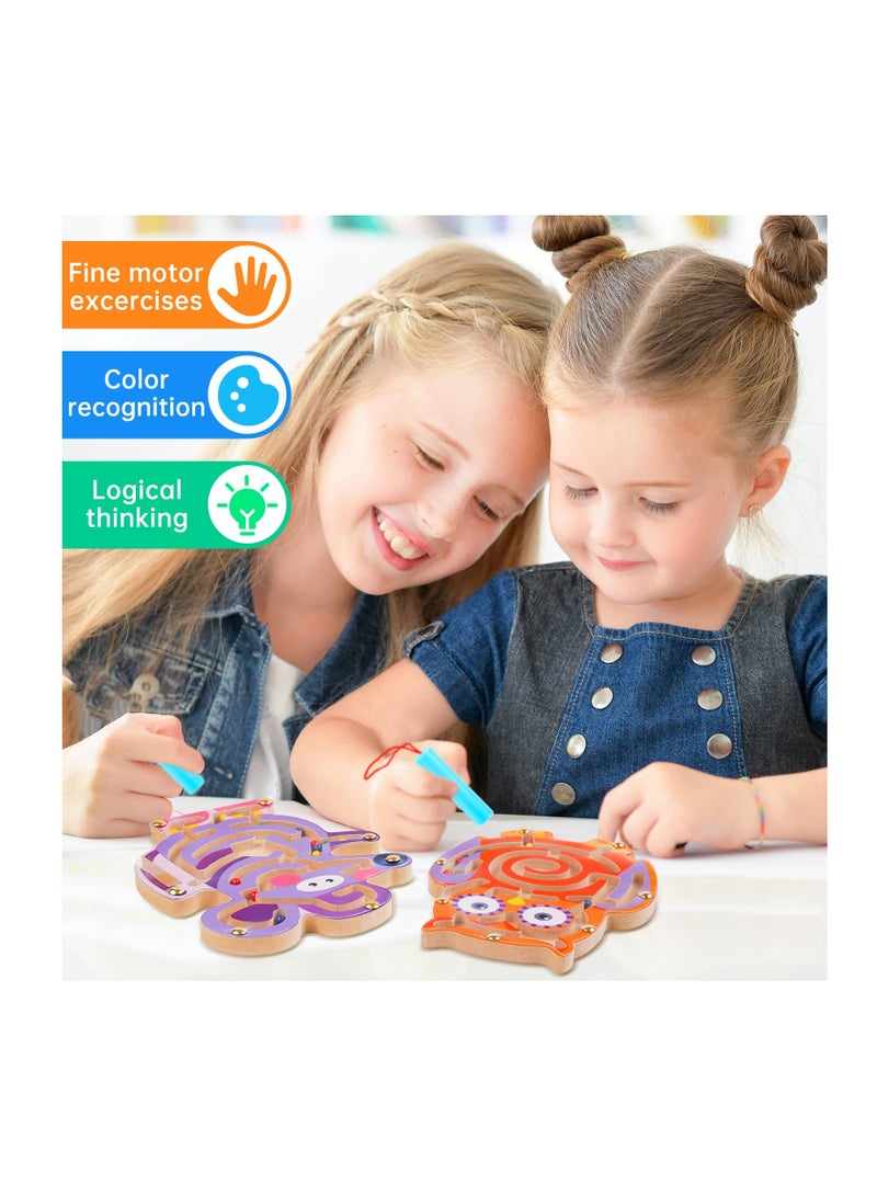 Excefore 4PCS Animal Magnetic Maze Toys for Kids, Interactive Puzzle Game Board, Montessori Labyrinth, STEM Activity for Child Fine Motor Skill Development, Preschool Birthday Gift, Wooden, 7x8in - Image 4