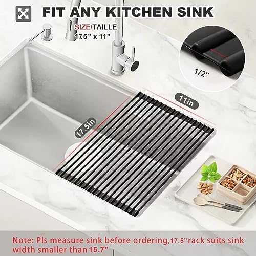MERRYBOX Roll Up Over The Sink Dish Drying Rack Silicone Wrapped Foldable, Heat-Resistant, Anti-Slip Sink Rack Multipurpose Dish Drainer for Kitchen Sink Counter - Black, 17.5" x 11" - Image 2