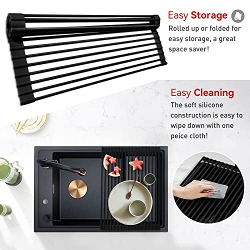 MERRYBOX Roll Up Over The Sink Dish Drying Rack Silicone Wrapped Foldable, Heat-Resistant, Anti-Slip Sink Rack Multipurpose Dish Drainer for Kitchen Sink Counter - Black, 17.5" x 11" - Image 3