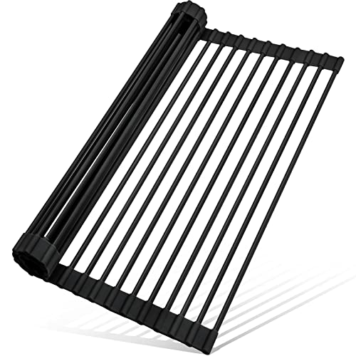 MERRYBOX Roll Up Over The Sink Dish Drying Rack Silicone Wrapped Foldable, Heat-Resistant, Anti-Slip Sink Rack Multipurpose Dish Drainer for Kitchen Sink Counter - Black, 17.5" x 11" - Image 1