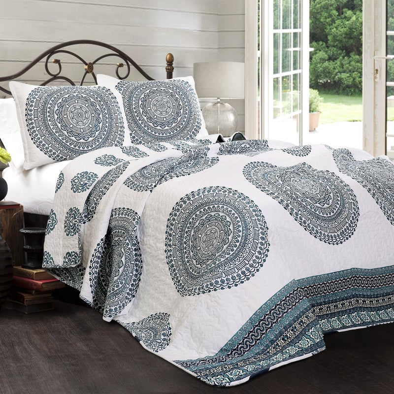 Lush Decor Shaila Medallion Quilt | Mandala Print Reversible 3 Piece Bedding Set - King - Blue - Image 2