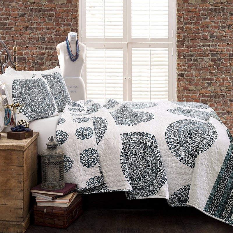 Lush Decor Shaila Medallion Quilt | Mandala Print Reversible 3 Piece Bedding Set - King - Blue - Image 1