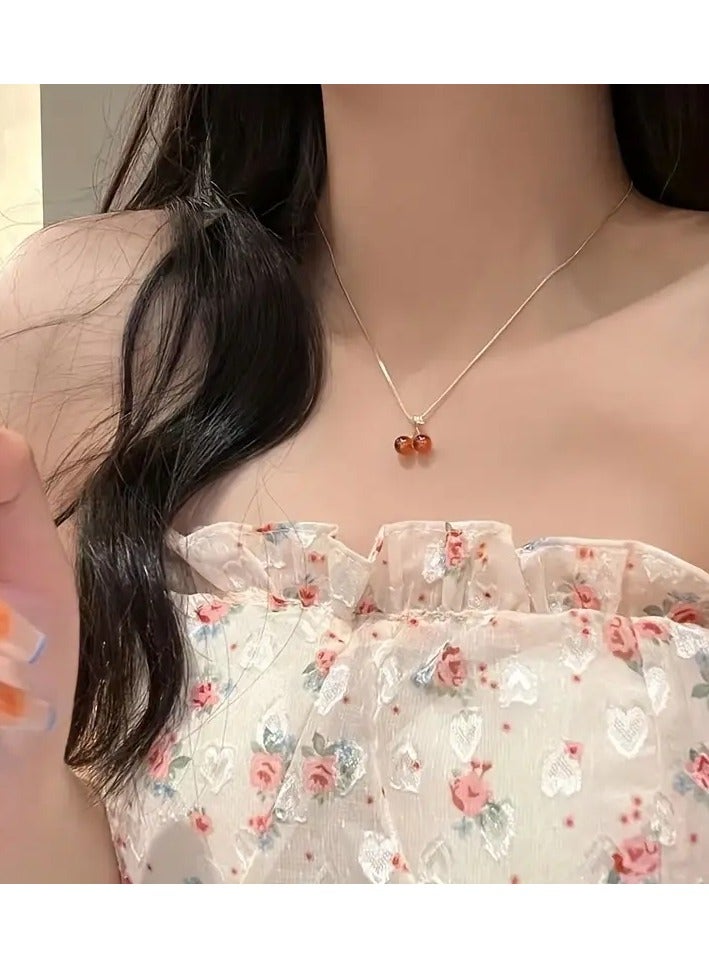 جلوسكي قلادة قلادة الكرز الأحمر للنساء، اكسسوارات سلسلة عظم الترقوة الفاخرة - Image 5