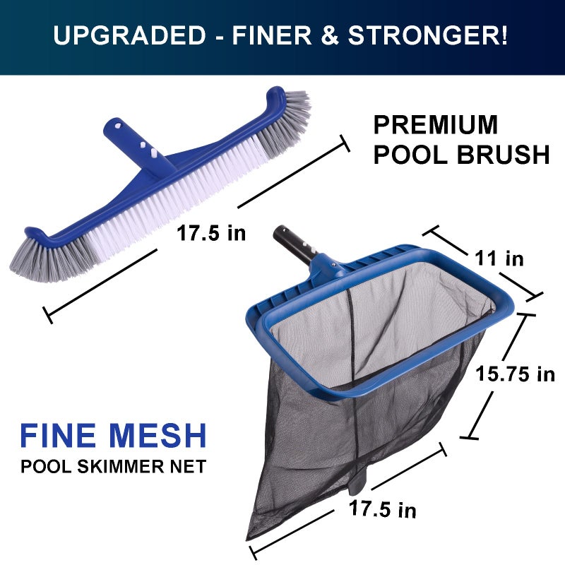 POOLAZA Fine Mesh Pool Net & Brush Head Combo - Sturdy Skimmer with 17.5" Professional Brushes for Pool Wall Cleaning - Image 2