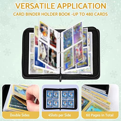 Bebomne Sports Card Binder Holder 480 Pockets with 60 Removable Sleeves, Portable Sports Trading Cards Binder Album Collector Organizer Protectors with Zipper,Waterproof - Image 2