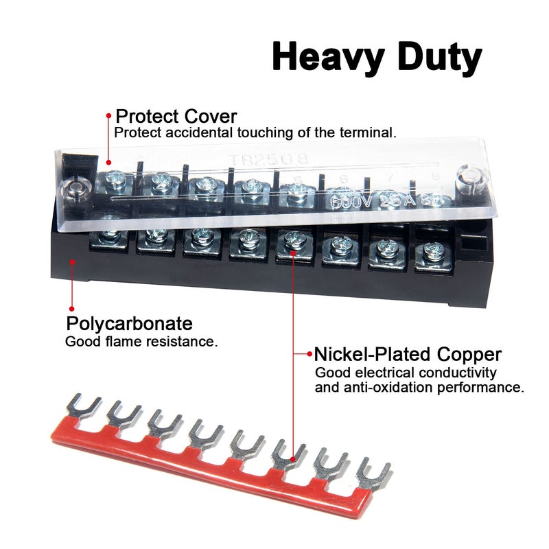 MILAPEAK 6 Sets Terminal Blocks, 8/10/12 Positions 600V 25A Dual Row Wire Screw Terminal Strip Block with Cover + 400V 25A Pre-Insulated Bus Bar Terminals Barrier Strips Jumpers (Black & Red) by - Image 3