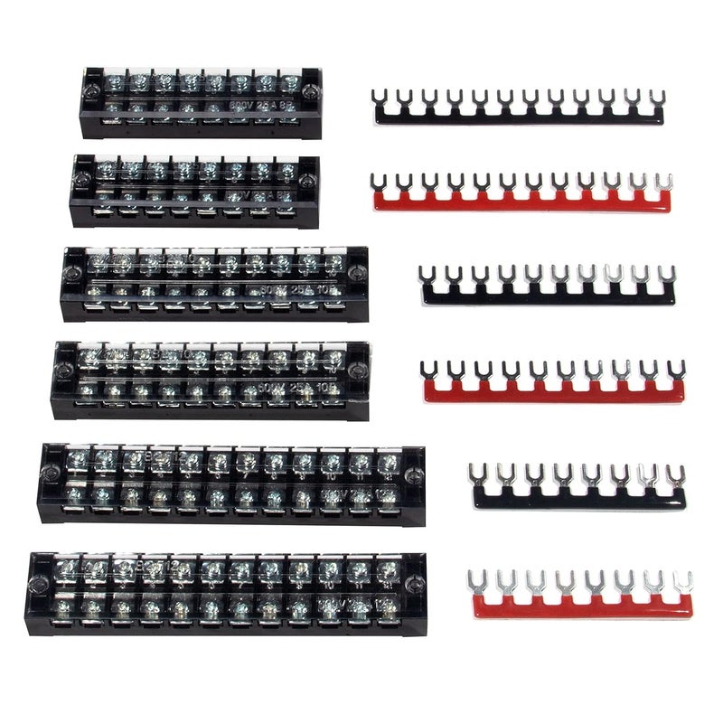 MILAPEAK 6 Sets Terminal Blocks, 8/10/12 Positions 600V 25A Dual Row Wire Screw Terminal Strip Block with Cover + 400V 25A Pre-Insulated Bus Bar Terminals Barrier Strips Jumpers (Black & Red) by - Image 1