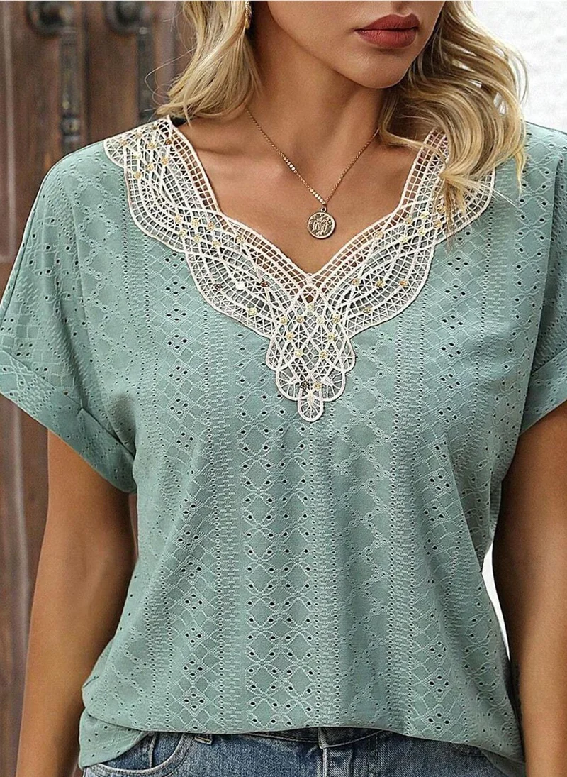 YUNIQEE Green V-Neck Short Sleeves Self Design Top