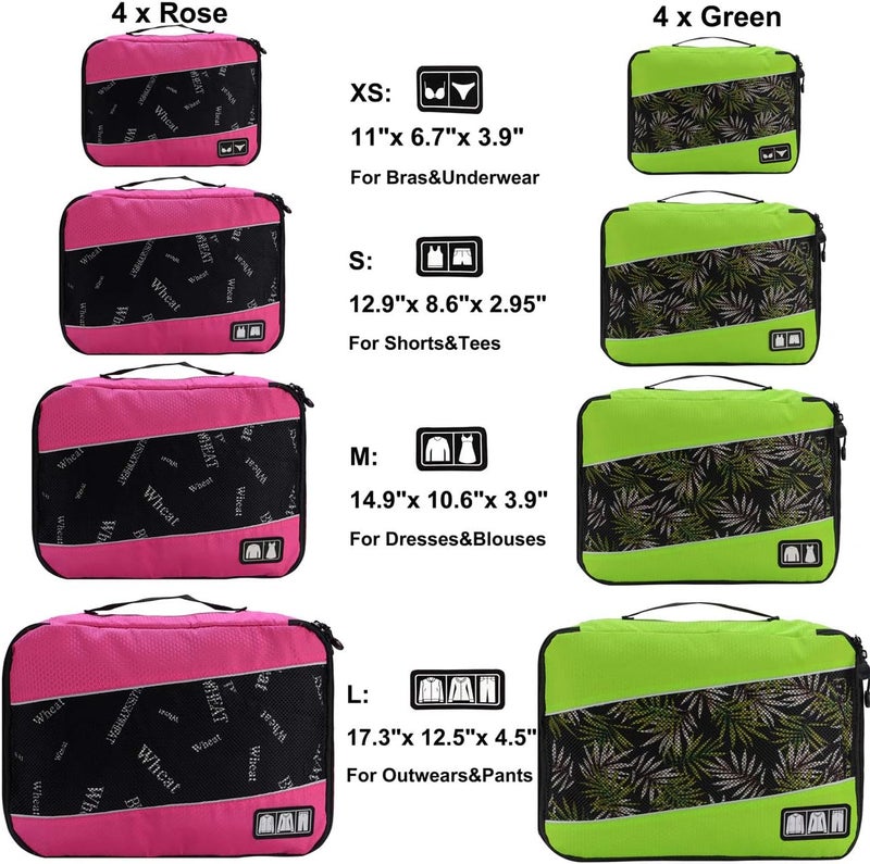 Idesort 8 Set Packing Cubes, Travel Luggage Bags Organizers Mixed Color Set (Rose Green) - Image 2