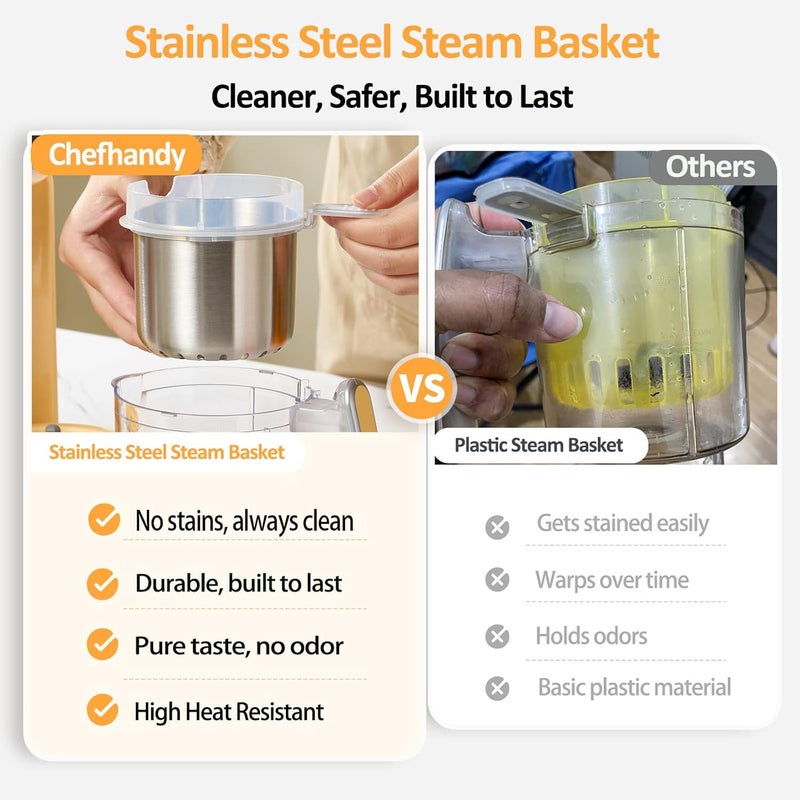chefhandy جهاز تحضير طعام الأطفال Chefhandy، معالج طعام الأطفال متعدد الوظائف في جهاز واحد (5 في 1)، محضر البوريه والمطحن مع قدر البخار، خلاط بخاري متعدد الوظائف بشاشة تعمل باللمس، وظيفة تسخين زجاجات الحليب، طهي أوتوماتيكي، لون أصفر. - Image 3