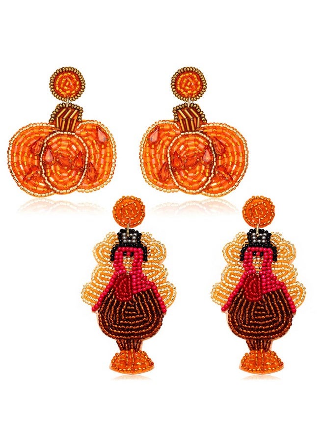 PHALIN - Thanksgiving Fall Earrings For Women Beaded Maple Leaf Pumpkin Turkey Earrings Handmade Gobble Drop Dangle Earrings Autumn Fall Gifts Holiday Party Accessory (Style C) - Image 1