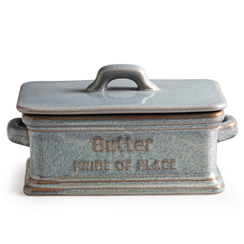 Zoeeker Butter Dish with Lid, Ceramic Butter Holder Container Large Butter Dish for Countertop Farmhouse Mother's Day Kitchen Decor Butter Keeper for East West Coast Butter, Gray - Image 1