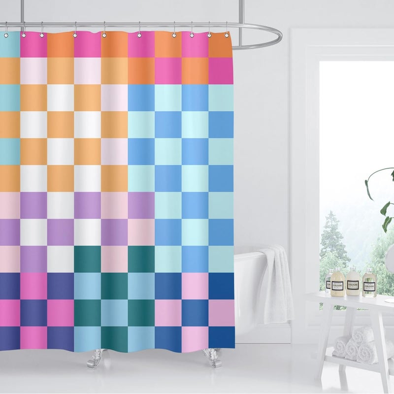 ZXMBF ZXMBF Retro Checkered Shower Curtain Colorful Geometric Modern Rainbow Minimalist Groovy Simple Bright Aesthetic Home Bathroom Decor Waterproof Fabric 72Lx72W Inch with Plastic 12PCS Hooks - Image 1