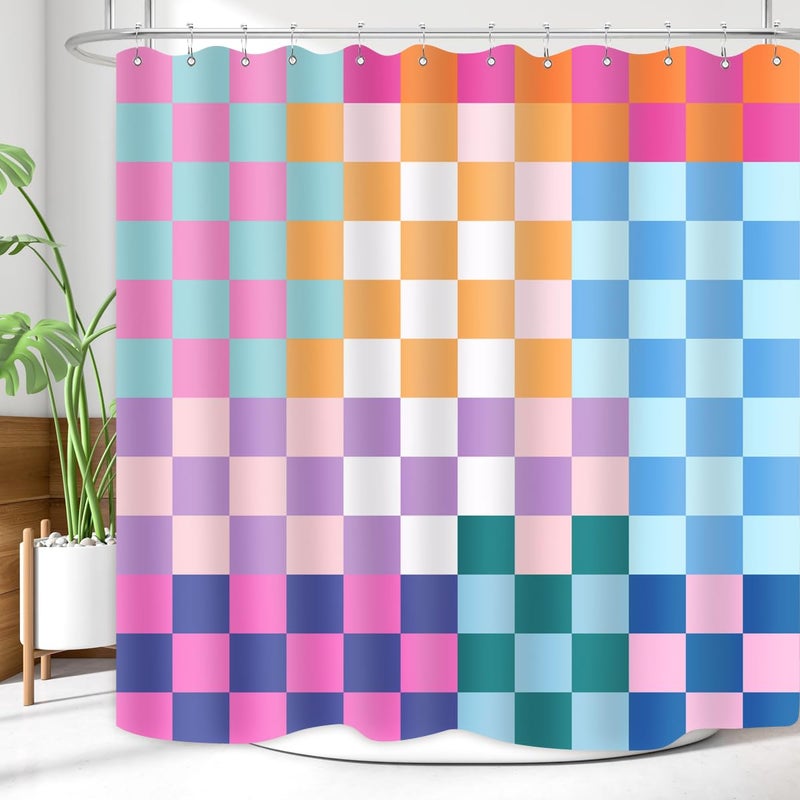 ZXMBF ZXMBF Retro Checkered Shower Curtain Colorful Geometric Modern Rainbow Minimalist Groovy Simple Bright Aesthetic Home Bathroom Decor Waterproof Fabric 72Lx72W Inch with Plastic 12PCS Hooks - Image 3
