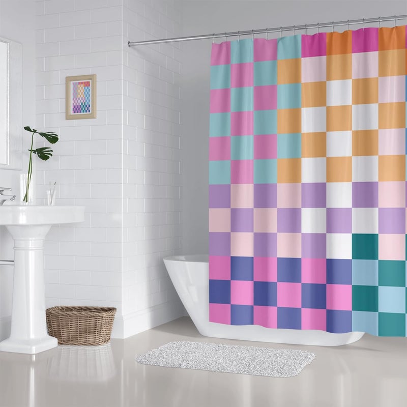 ZXMBF ZXMBF Retro Checkered Shower Curtain Colorful Geometric Modern Rainbow Minimalist Groovy Simple Bright Aesthetic Home Bathroom Decor Waterproof Fabric 72Lx72W Inch with Plastic 12PCS Hooks - Image 4