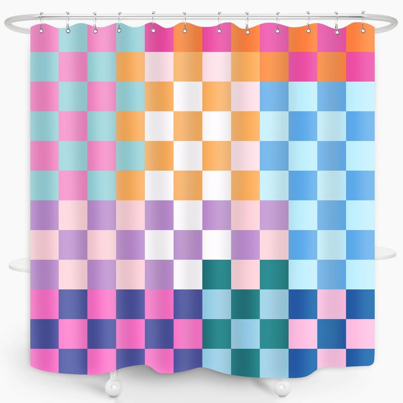 ZXMBF ZXMBF Retro Checkered Shower Curtain Colorful Geometric Modern Rainbow Minimalist Groovy Simple Bright Aesthetic Home Bathroom Decor Waterproof Fabric 72Lx72W Inch with Plastic 12PCS Hooks - Image 2