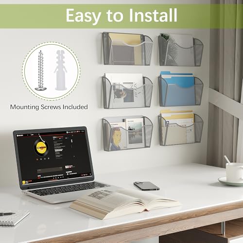 EasyPag منظم ملفات الحائط EasyPAG 6 جيب شبكي مفرد للتعليق لمجلدات بحجم خطاب/A4 مثبت على الحائط حامل بريد عمودي للأعمال الورقية، المكتب، المنزل، المدرسة، فضي - Image 5