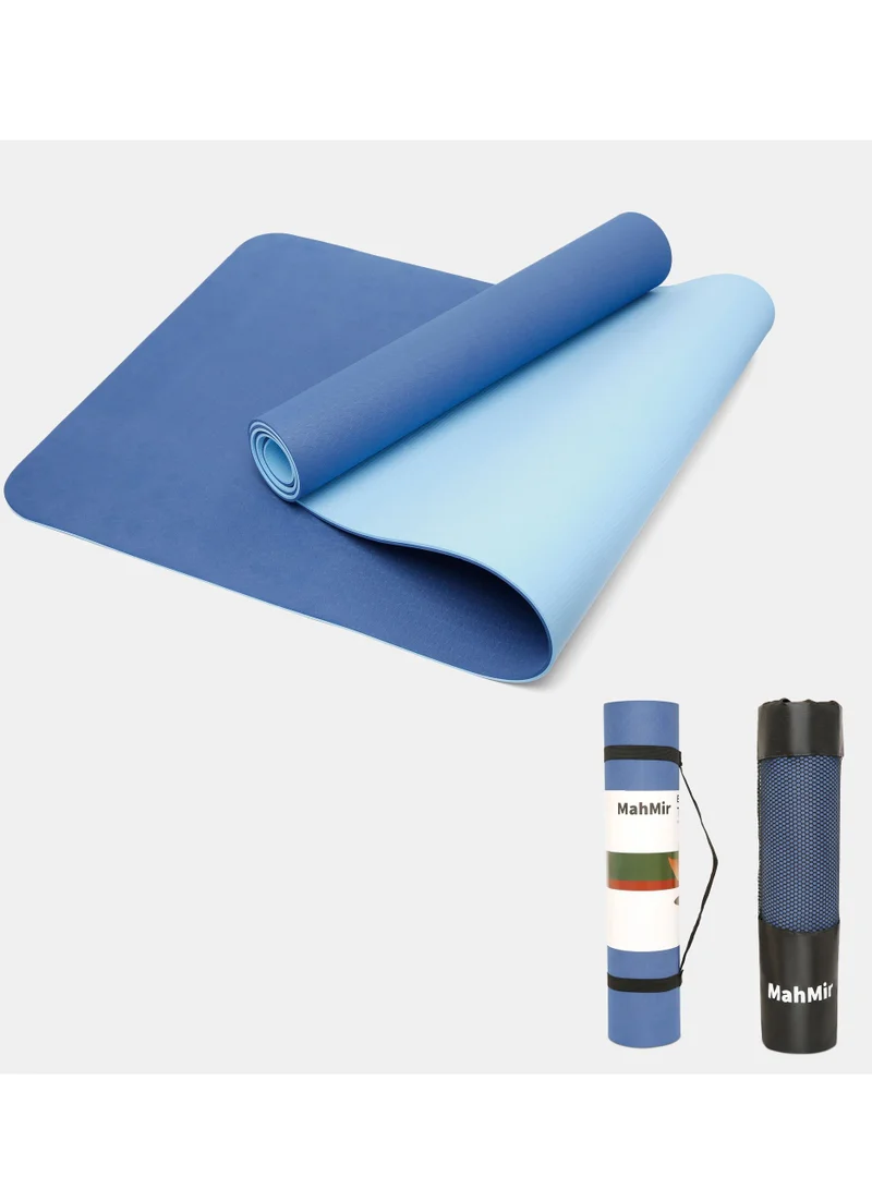 MahMir Yoga Mat Anti-Slip Exercise Mat With Carrying Bag Fitness Mat For Pilates 183Cm*61Cm*6Mm Thickness For Woman Man Beginners (Dark Blue + Light Blue)