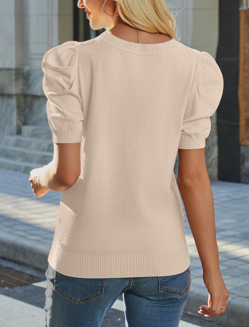 Sampeel Short Sleeve Sweaters for Women Business Casual Summer Outfits Puff Sleeve Crewneck Shirts Fashion Clothing Knitted Spring Work Ladies Blouses Khaki L - Image 5