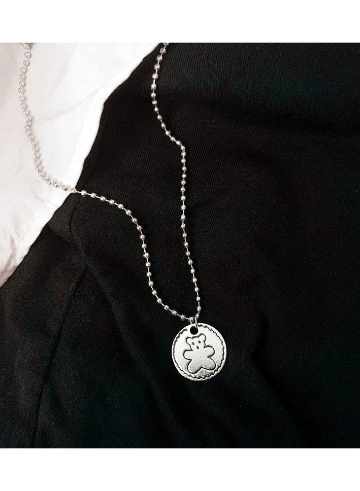 Goolsky Round Medallion Bear Pendant Necklace – Unisex Hip-Hop Minimalist Street Chain, Cool Couple Jewelry Accessory  - Image 1