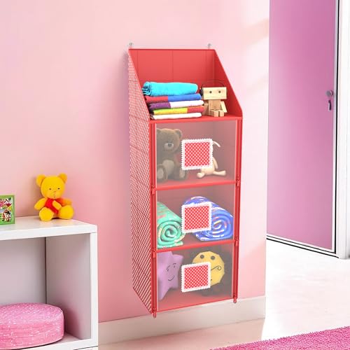 Kuber Industries Hanging Almirah | Folding Baby Almirah | 4 Compartments Storage Almirah | Hanging Wall Almirah | Wardrobe Organizer for Cloth-Shoes-Toys | Hathkadi | Red - Image 1