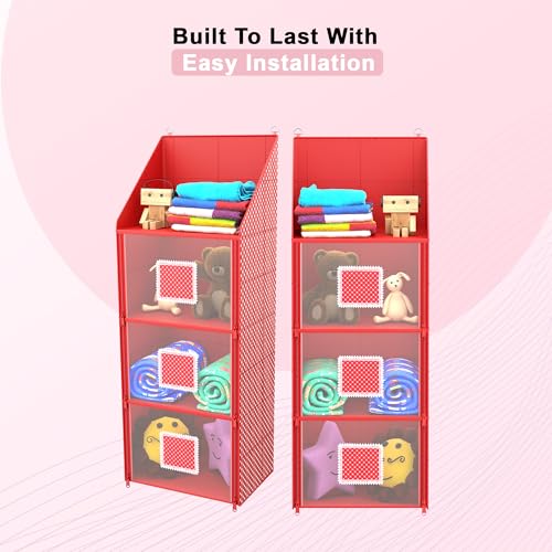 Kuber Industries Hanging Almirah | Folding Baby Almirah | 4 Compartments Storage Almirah | Hanging Wall Almirah | Wardrobe Organizer for Cloth-Shoes-Toys | Hathkadi | Red - Image 5
