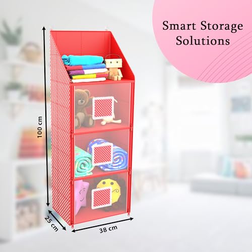 Kuber Industries Hanging Almirah | Folding Baby Almirah | 4 Compartments Storage Almirah | Hanging Wall Almirah | Wardrobe Organizer for Cloth-Shoes-Toys | Hathkadi | Red - Image 3