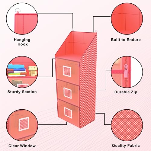 Kuber Industries Hanging Almirah | Folding Baby Almirah | 4 Compartments Storage Almirah | Hanging Wall Almirah | Wardrobe Organizer for Cloth-Shoes-Toys | Hathkadi | Red - Image 4