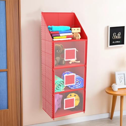 Kuber Industries Hanging Almirah | Folding Baby Almirah | 4 Compartments Storage Almirah | Hanging Wall Almirah | Wardrobe Organizer for Cloth-Shoes-Toys | Hathkadi | Red - Image 2