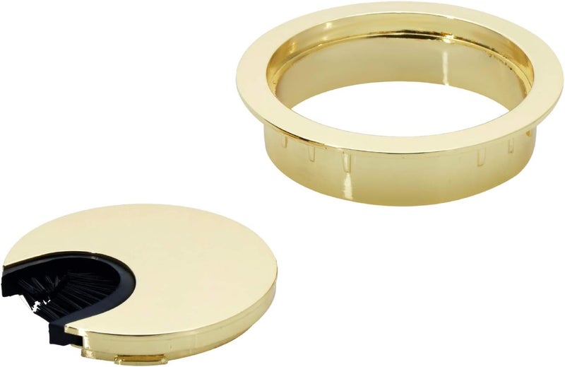 Desunia Polished Brass Metal Cable Grommet | 2 Piece "Lock in" Feature with "Brush" Opening for Management of Office & Computer Desk Wires | 60mm (2 3/8") Hole Opening | 5 Pack - Image 2