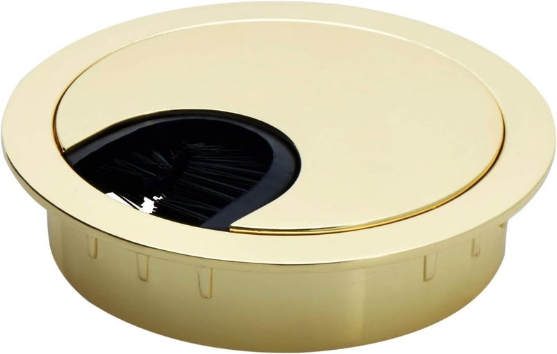 Desunia Polished Brass Metal Cable Grommet | 2 Piece "Lock in" Feature with "Brush" Opening for Management of Office & Computer Desk Wires | 60mm (2 3/8") Hole Opening | 5 Pack - Image 1