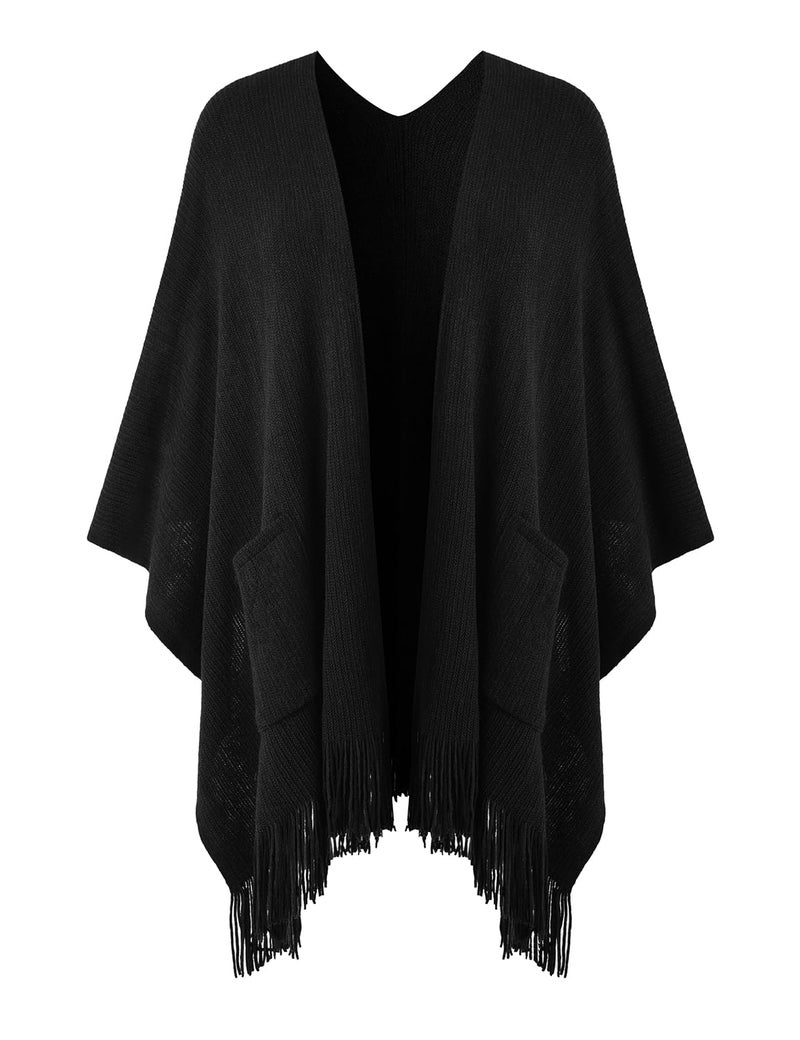 Ferand Shawl Wraps for Women, Cozy Lightweight Poncho Cape with Pockets, Warm for Fall Winter Travel, Black - Image 1