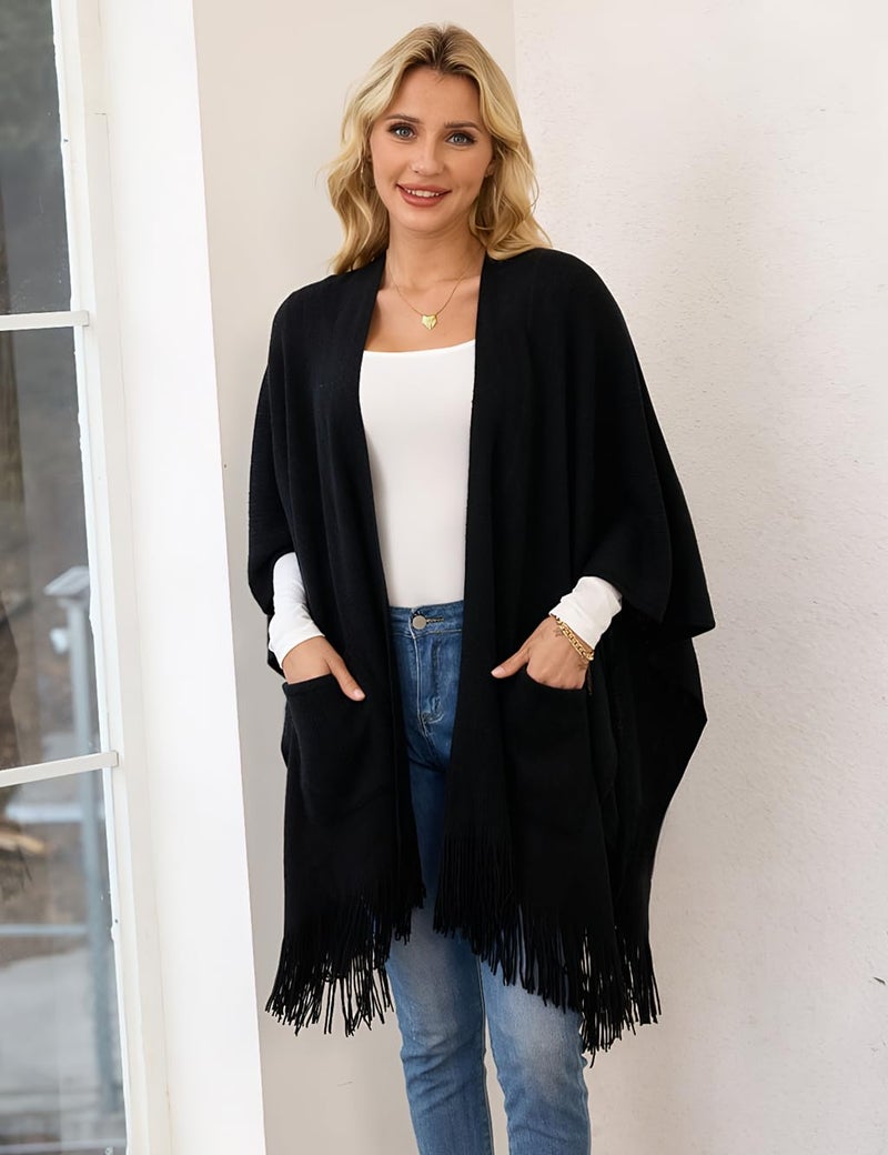 Ferand Shawl Wraps for Women, Cozy Lightweight Poncho Cape with Pockets, Warm for Fall Winter Travel, Black - Image 3