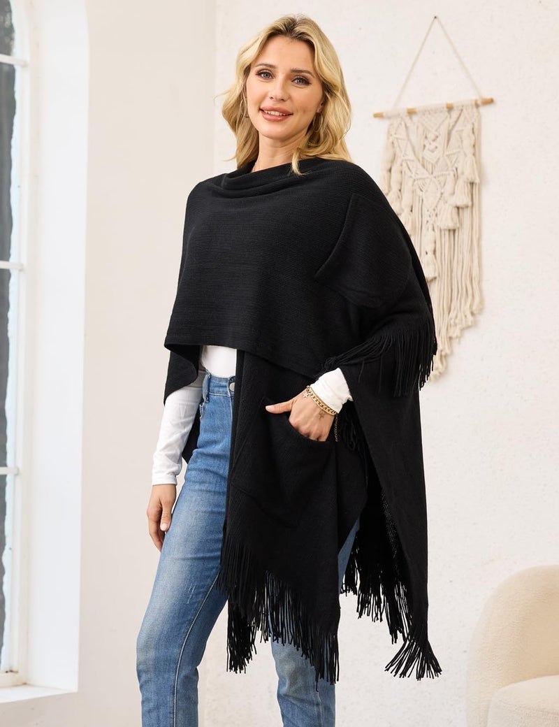 Ferand Shawl Wraps for Women, Cozy Lightweight Poncho Cape with Pockets, Warm for Fall Winter Travel, Black - Image 4
